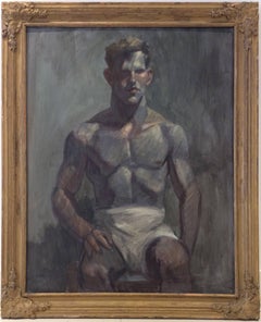 Man in White Shorts (Figurative Oil Painting on Canvas of Seated Male, Framed)