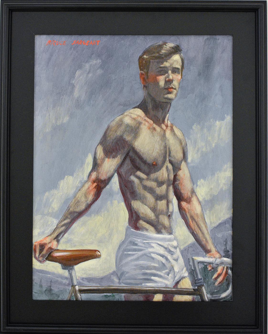 Academic style figurative oil painting of a young athletic man with a bicycle
