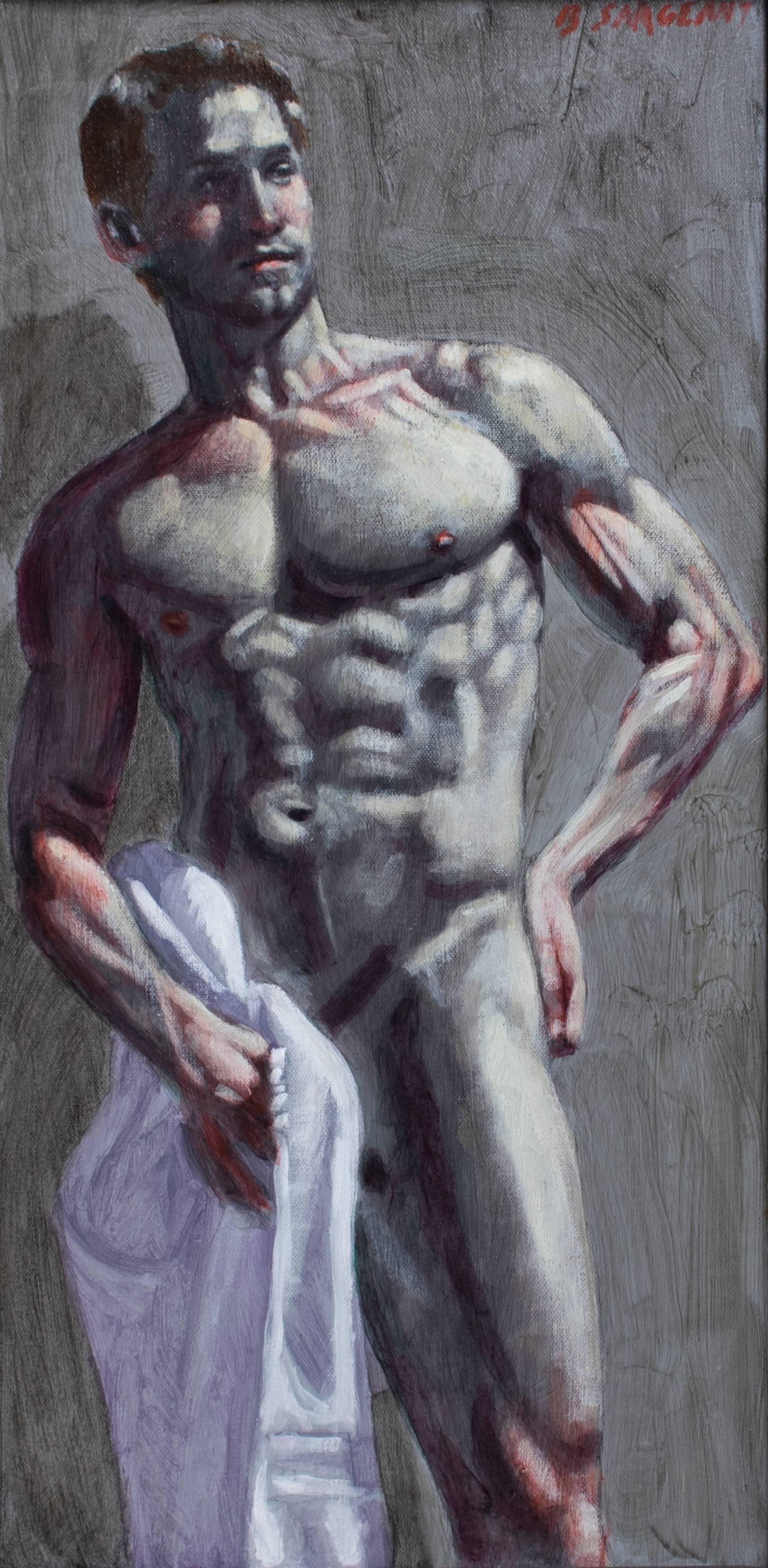 Mark Beard Nude Painting - Man with Towel (Figurative Oil Painting of Muscular Male Nude with White Towel) 