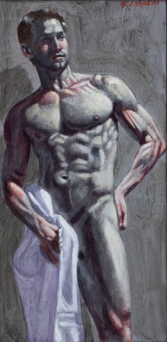 Man with Towel (peinture à l'huile figurative d'un nu masculin musculaire avec un serviette blanche)
