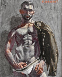 Mathew avec ma veste en cuir (peinture figurative masculine académique de Mark Beard)
