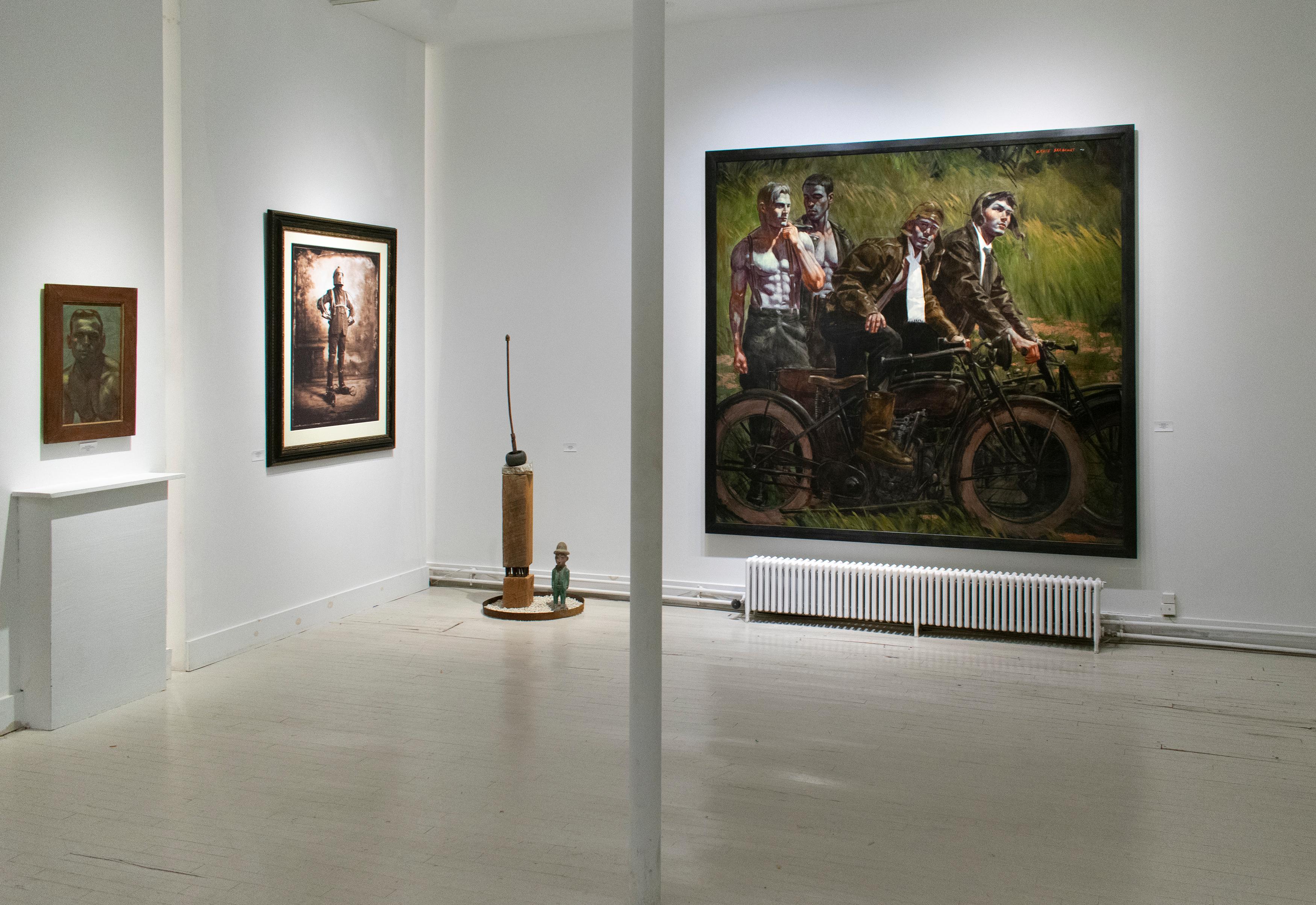 Männer und Motorräder, Mark Beard: akademisches figuratives Gemälde von vier männlichen Modellen  im Angebot 8