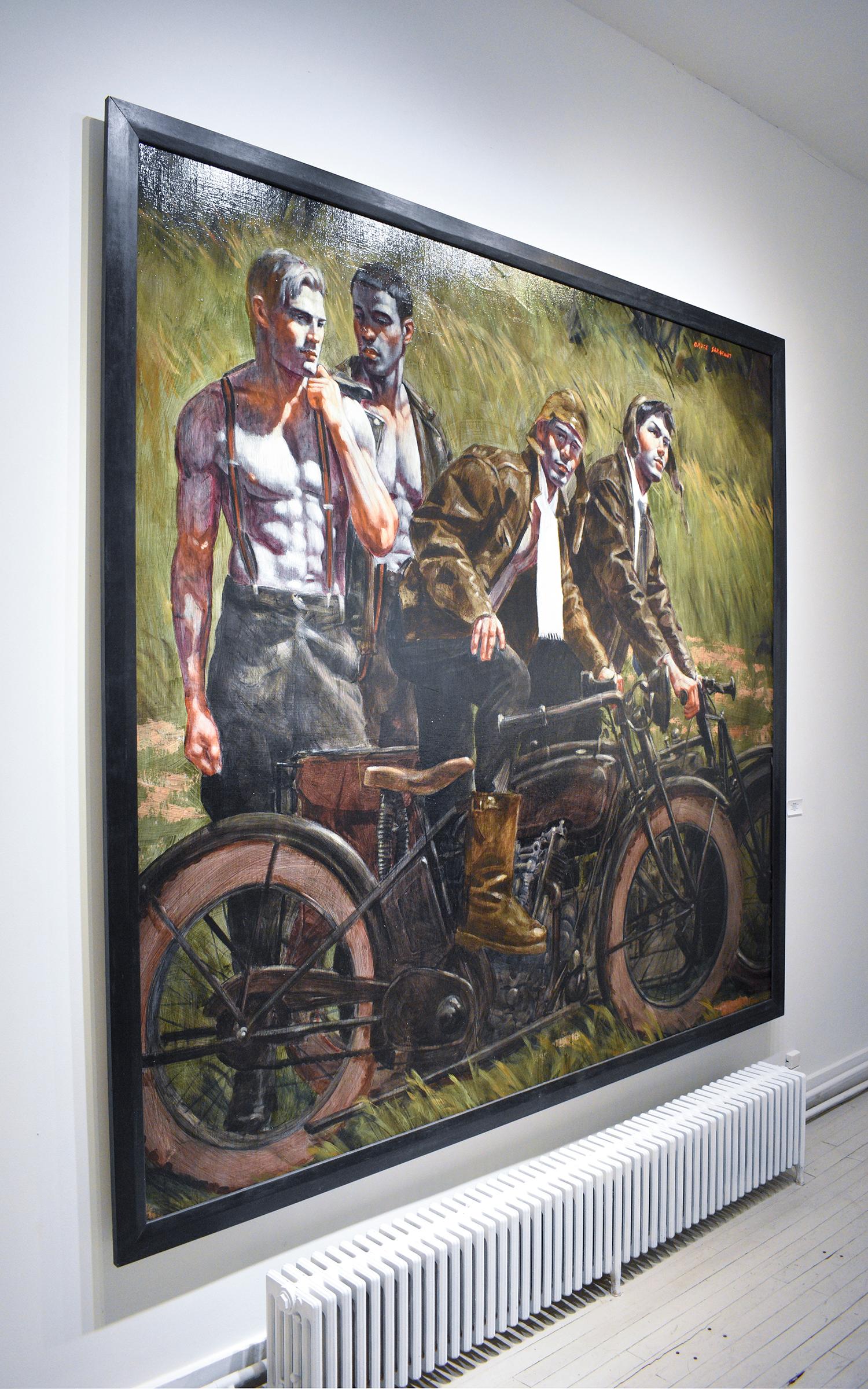 Men & Motorcycles, Mark Beard : Peinture figurative académique de quatre modèles masculins  en vente 1