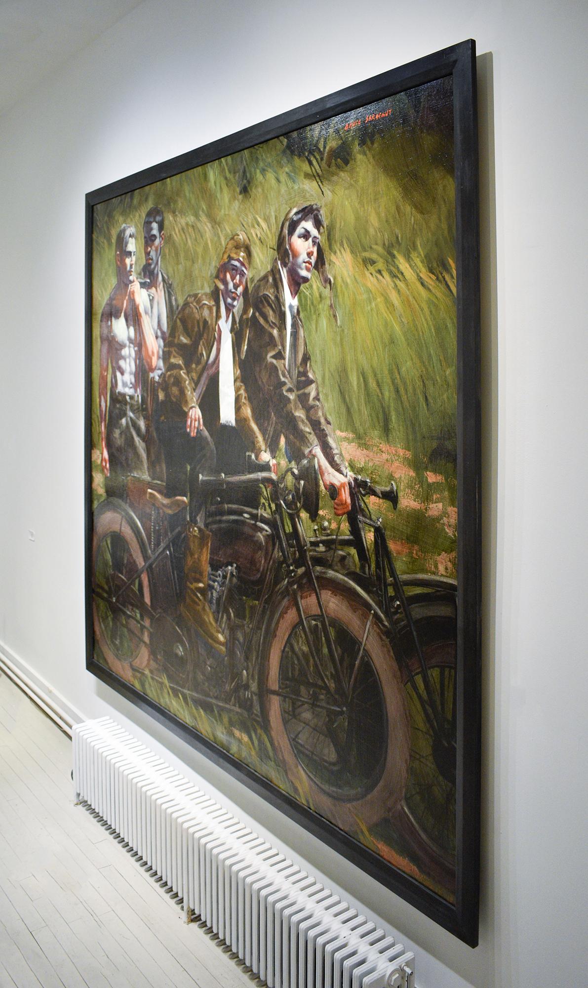 Männer und Motorräder, Mark Beard: akademisches figuratives Gemälde von vier männlichen Modellen  im Angebot 2