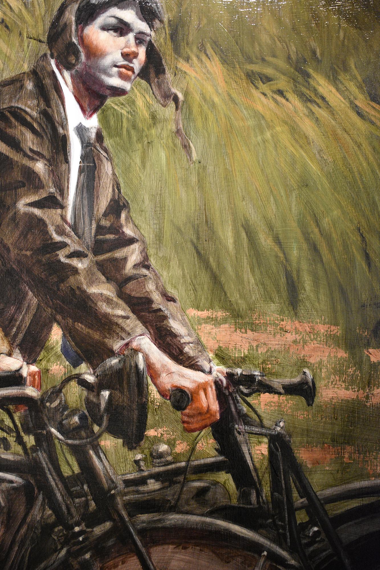 Men & Motorcycles, Mark Beard: Academic Figurative Painting of Four Male Models  For Sale 1