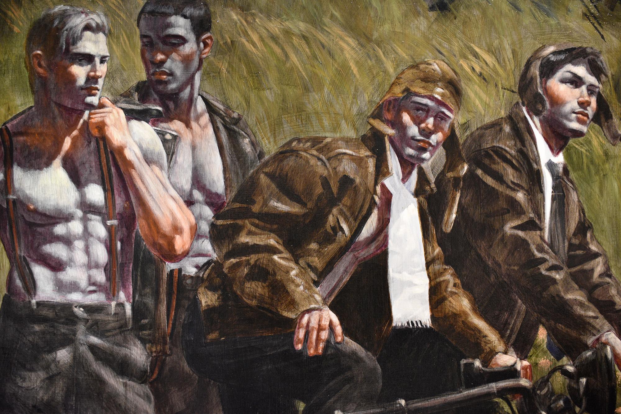 Männer und Motorräder, Mark Beard: akademisches figuratives Gemälde von vier männlichen Modellen  im Angebot 5