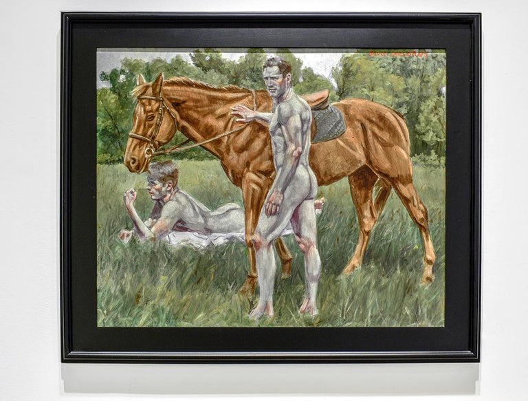 Morning Ride (Academic Figurative Oil Painting of Two Nude Men and Horse) - Brown Figurative Painting by Mark Beard