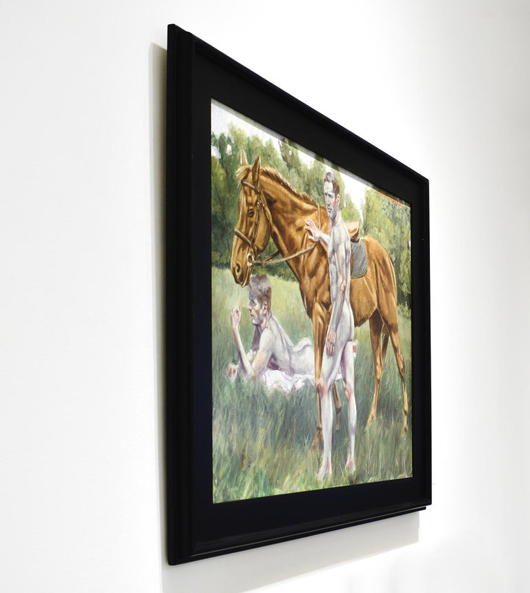 Academic style figurative oil painting of two nude men in a country landscape with a brown horse
Painted by Mark Beard as Bruce Sargeant
Oil on canvas, signed upper right 
24 x 30 inches, 30 x 36 inches in black frame
Wire backing, ready to