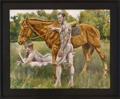 Morning Ride (Academic Figurative Oil Painting of Two Nude Men and Horse)