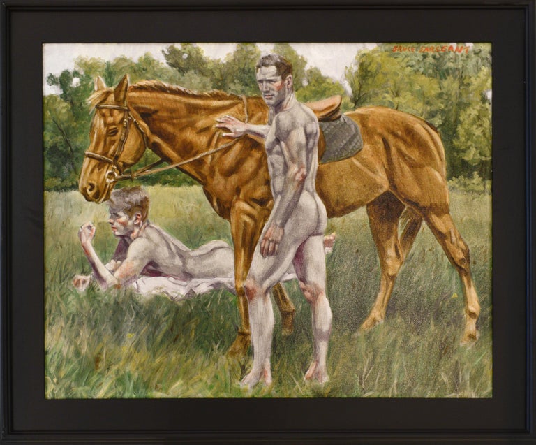 Mark Beard Figurative Painting - Morning Ride (Academic Figurative Oil Painting of Two Nude Men and Horse)