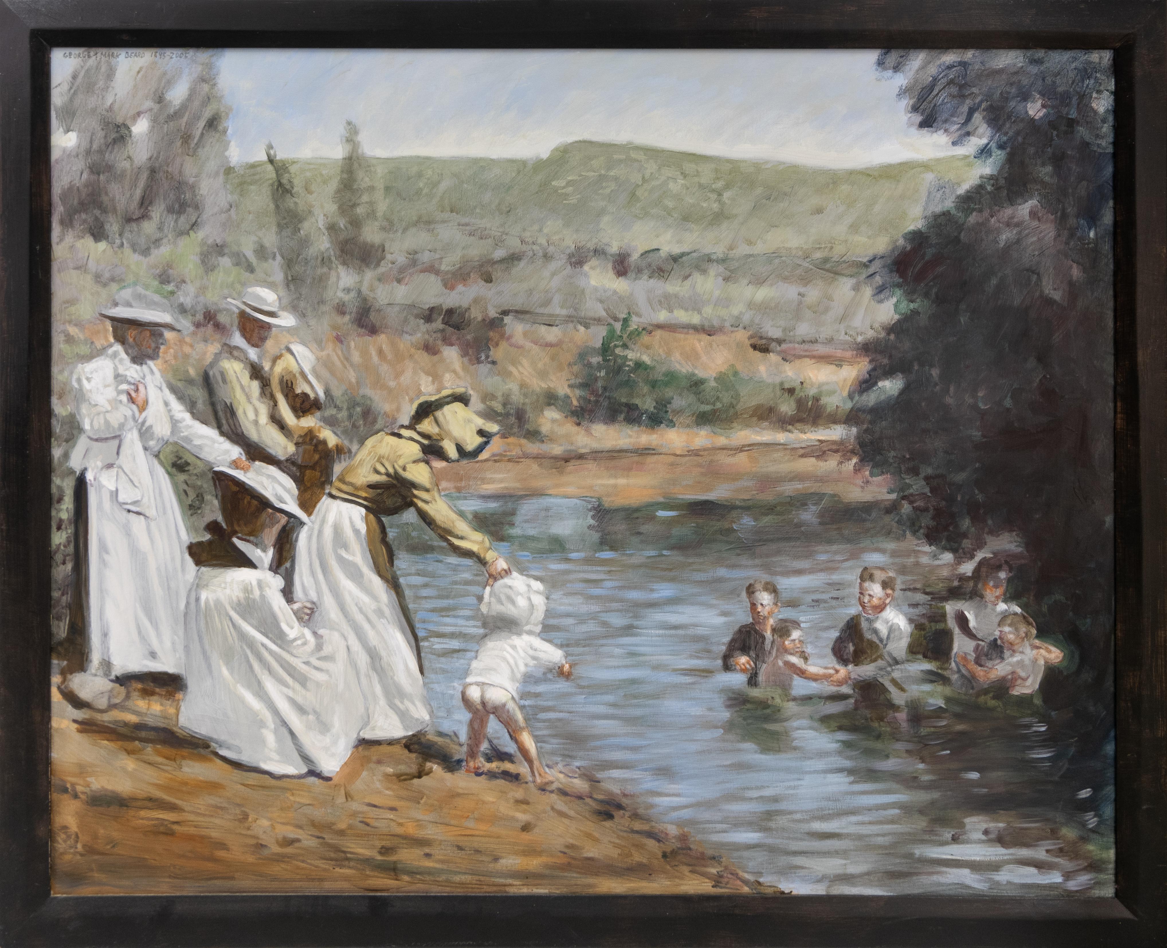 Mark Beard Figurative Painting – Meine Mormonenfamilie, schwimmend - nach einer Fotografie von George Beard, 1895