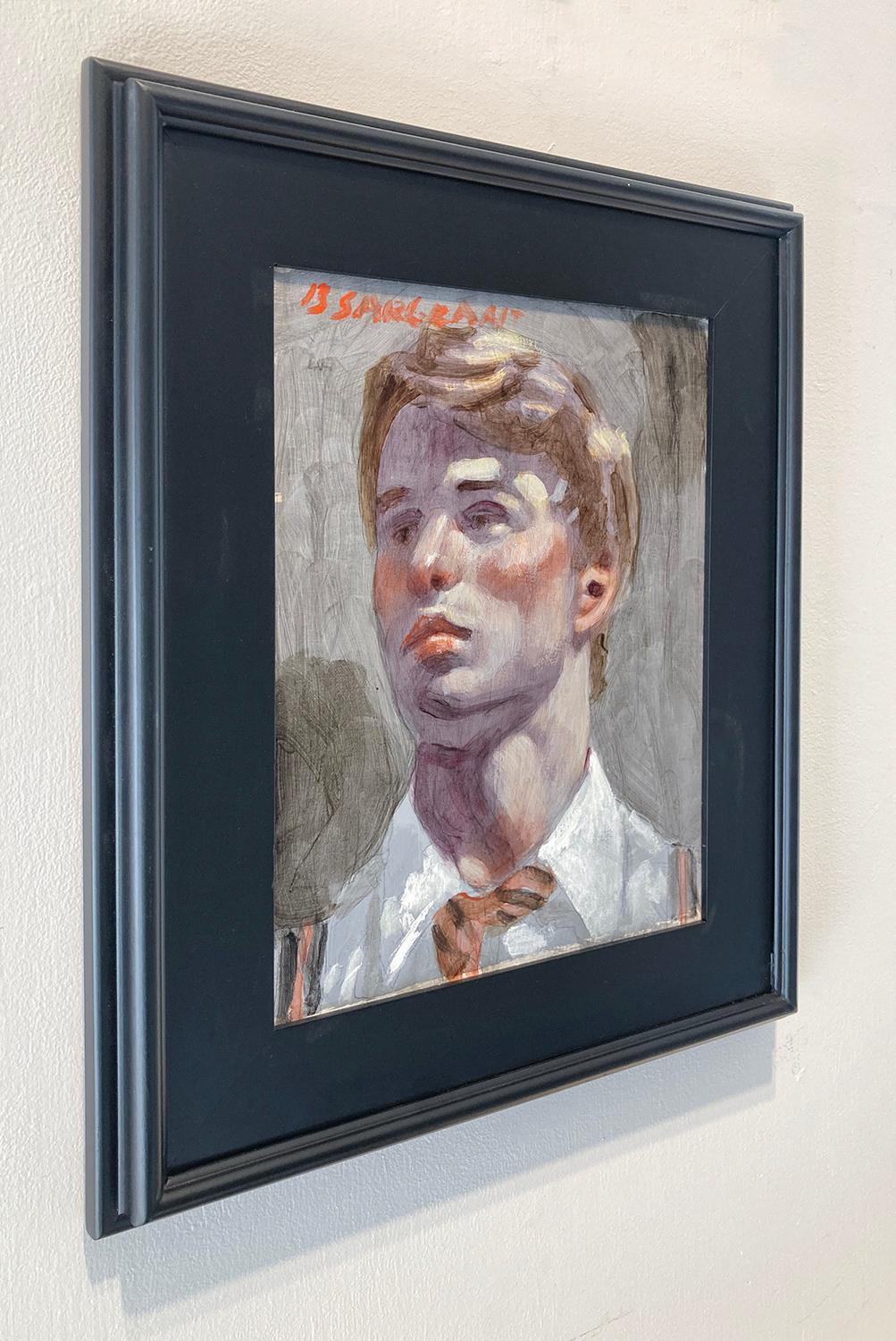 Academic style figurative portrait painting of a handsome young man in a white shirt against a grey background
