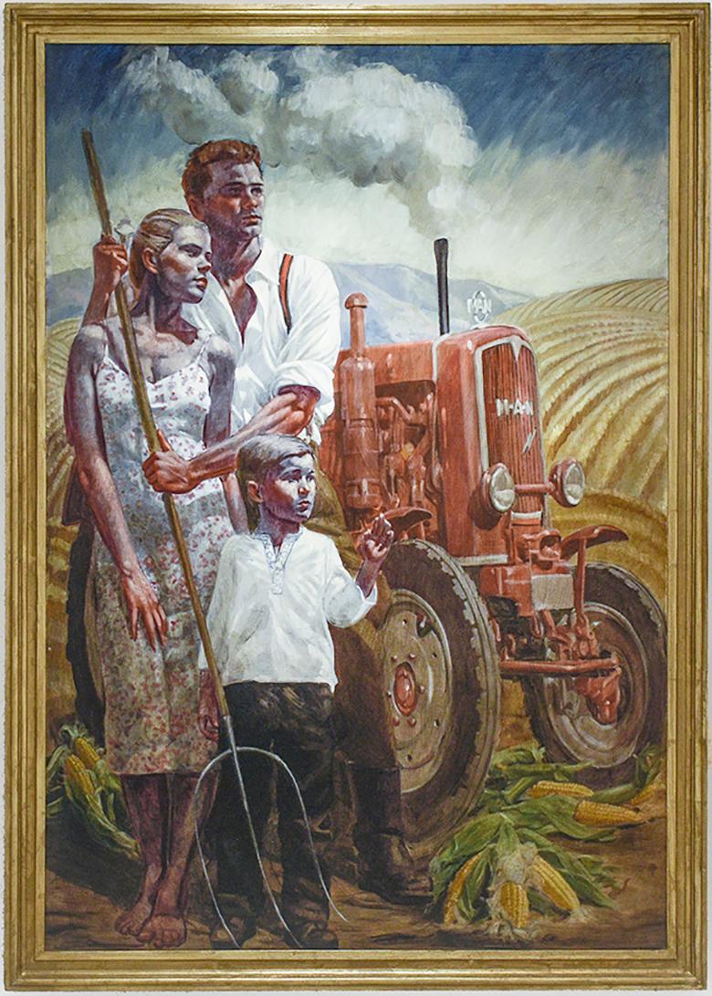 Akademischer Stil figurative Malerei auf Leinwand von einer Familie und roten Traktor gegen eine klassische amerikanische Farm Feld
"Wohlhabende Familie", gemalt von Mark Beard unter seiner fiktiven Person Bruce Sargeant 
84 x 58 cm ungerahmt, 91 x