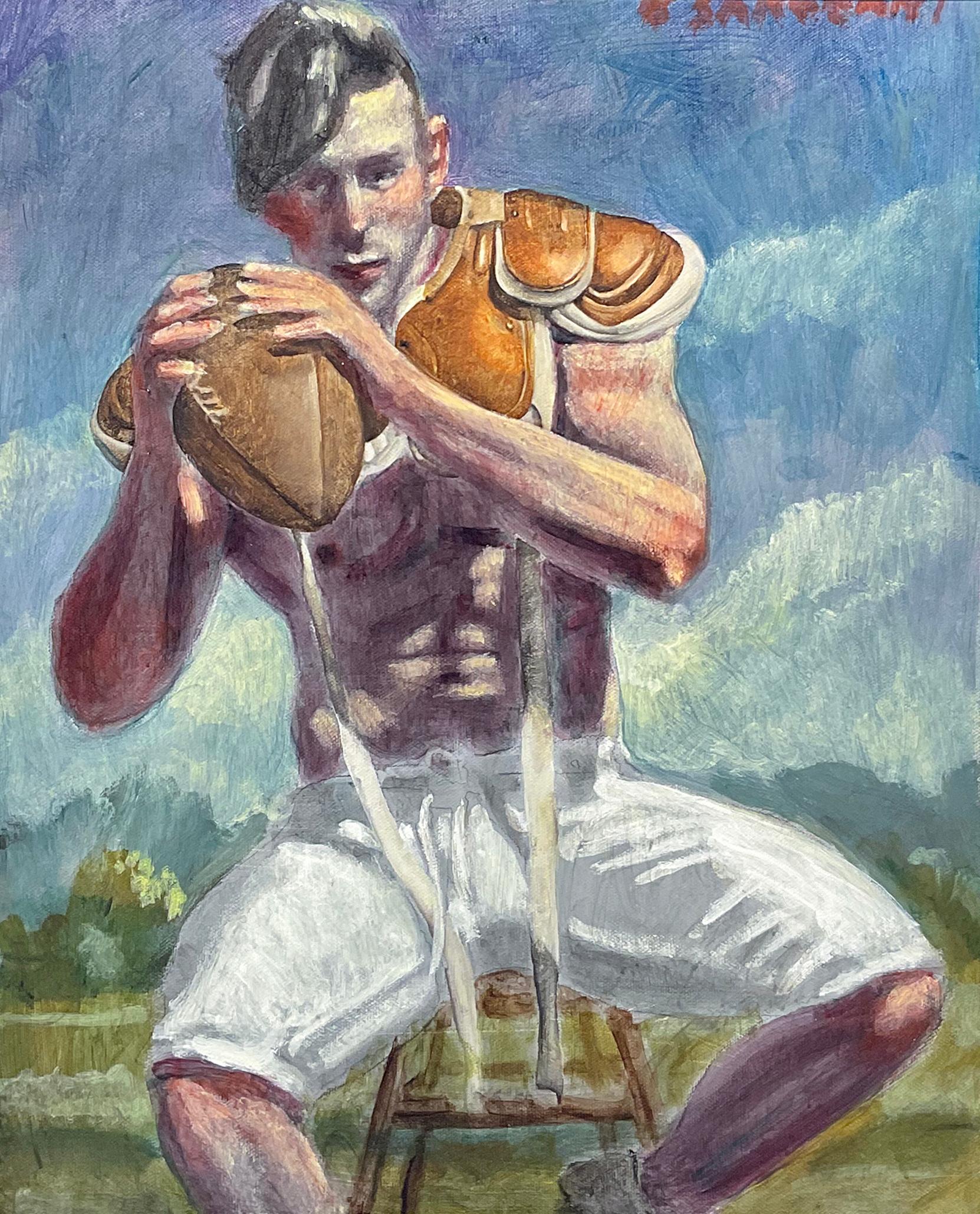 Ready to Play (Akademie-Figuratives Gemälde eines männlichen Athleten von Mark Beard)  im Angebot 4