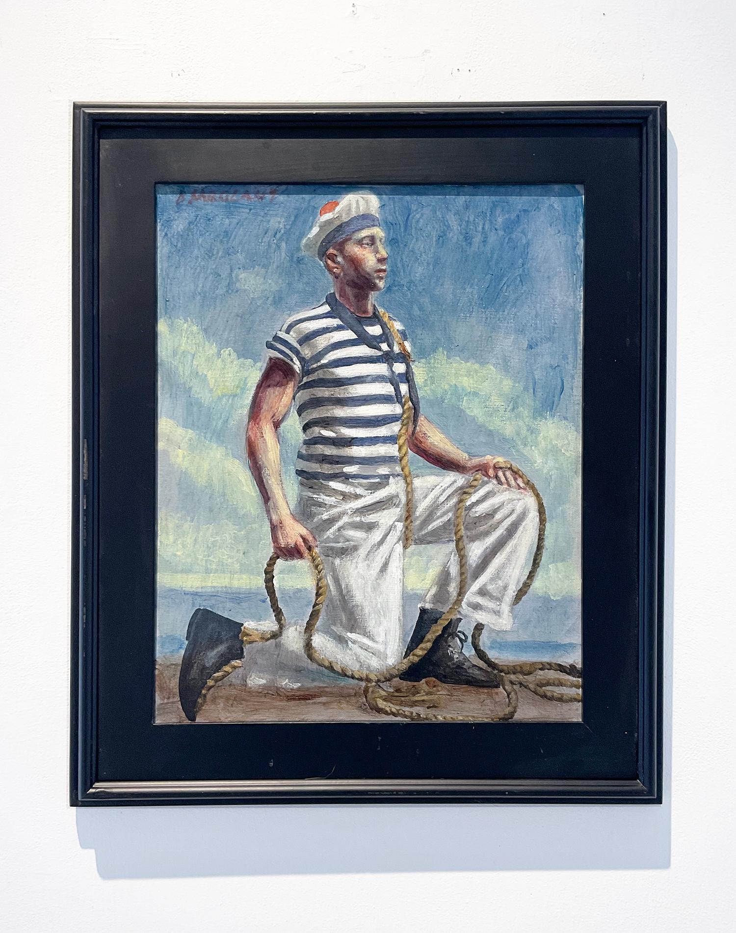 Academic, nautical style figurative oil painting of a handsome sailor against an ocean landscape
