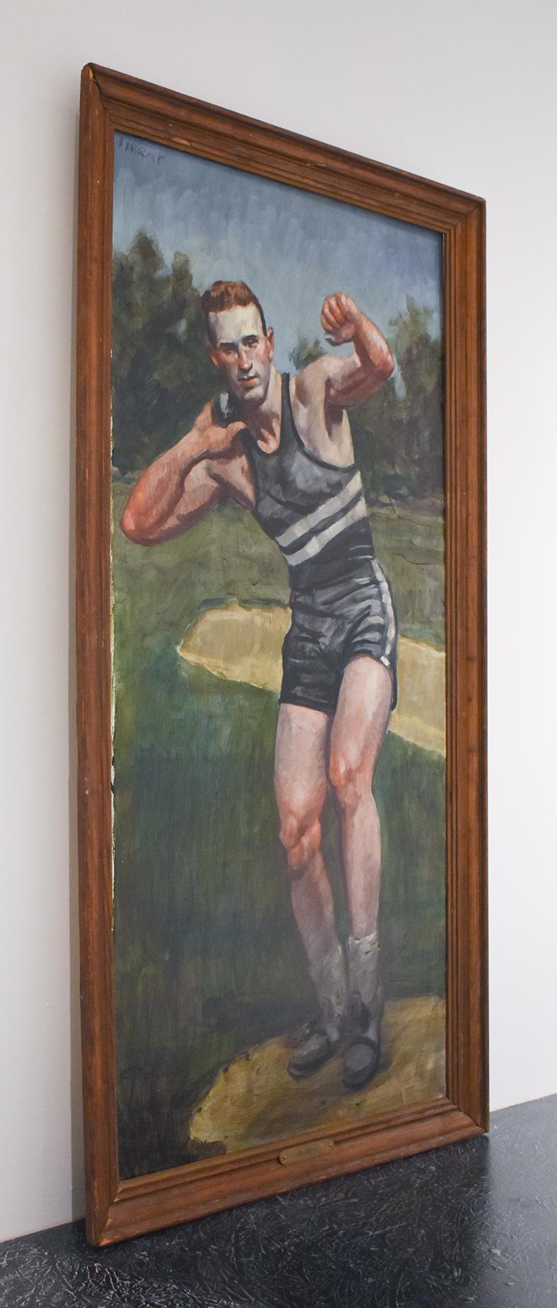 Vertical figurative oil painting of male shot put athlete
48 x 24 inches, 52 x 27 x 2 inches in distressed wood frame
Signed, verso & front (Mark Beard, aka. Bruce Sargeant)

This vertical, contemporary figurative painting of a young male athlete