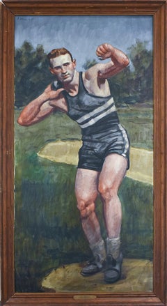 Peinture à l'huile figurative sur toile d'un athlète masculin encadrée, Shot put par Mark Beard