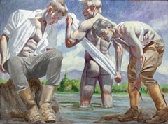 Skinny Dipping (Nude Figurative Painting of Bathers, Mark Beard, Bruce Sargeant)