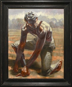 Sowing the Field : Peinture à l'huile figurative encadrée d'un jeune homme par Mark Beard