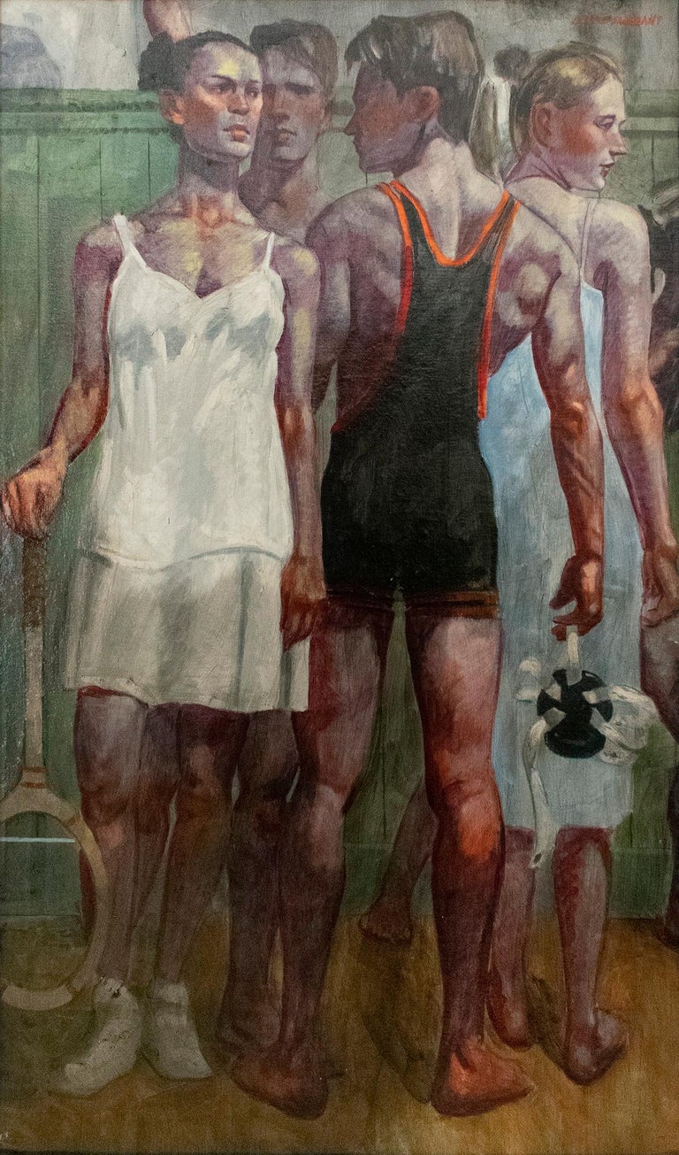 Academic style figurative oil painting of a young, female tennis player and young male athlete dressed in a wrestling singlet by Mark Beard (aka Bruce Sargeant).
57 x 34 inches, oil on canvas mounted on Masonite
Framed in Black wood frame that