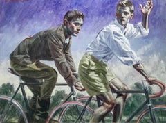 The Bicyclists (Figurative Academic Style Oil Painting of Athletic Male Figure)
