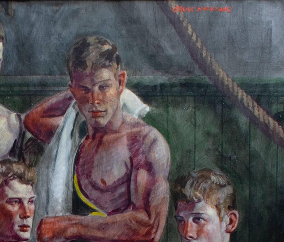 Academic style figurative painting of athletic male models undressing in a locker room 
72 x 58 inches, 79 x 64 x 3 inches in black painted wood frame

This modern figurative painting on canvas of a group of athletes undressing in a locker room was
