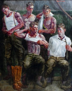 Used The Locker Room (Large Figurative Painting on Canvas of Athletes & Male Models)