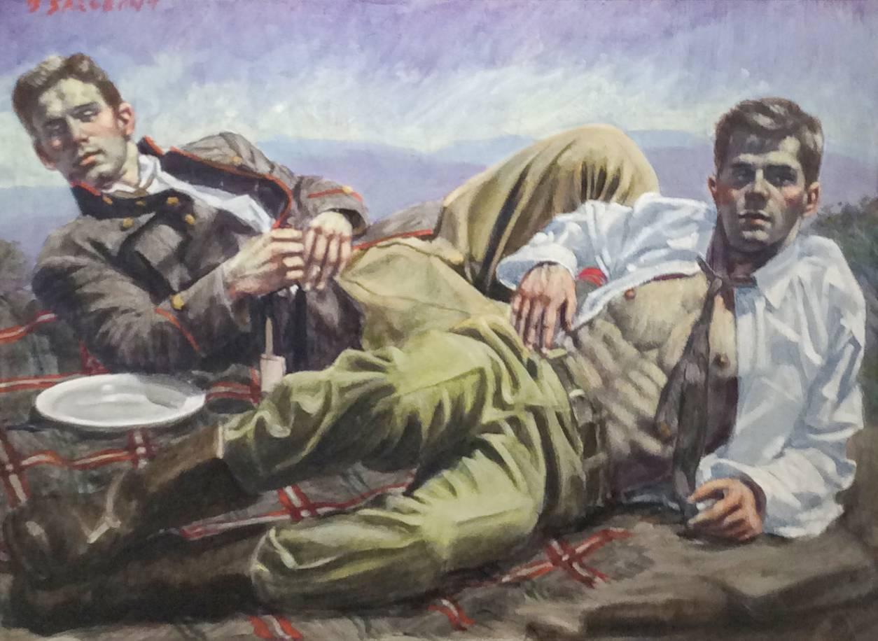 Mark Beard Figurative Painting - The Picnic (Figurative Academic Style Oil Painting of Lounging Male Figures)