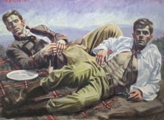 The Picnic (Figurative Academic Style Oil Painting of Lounging Male Figures)