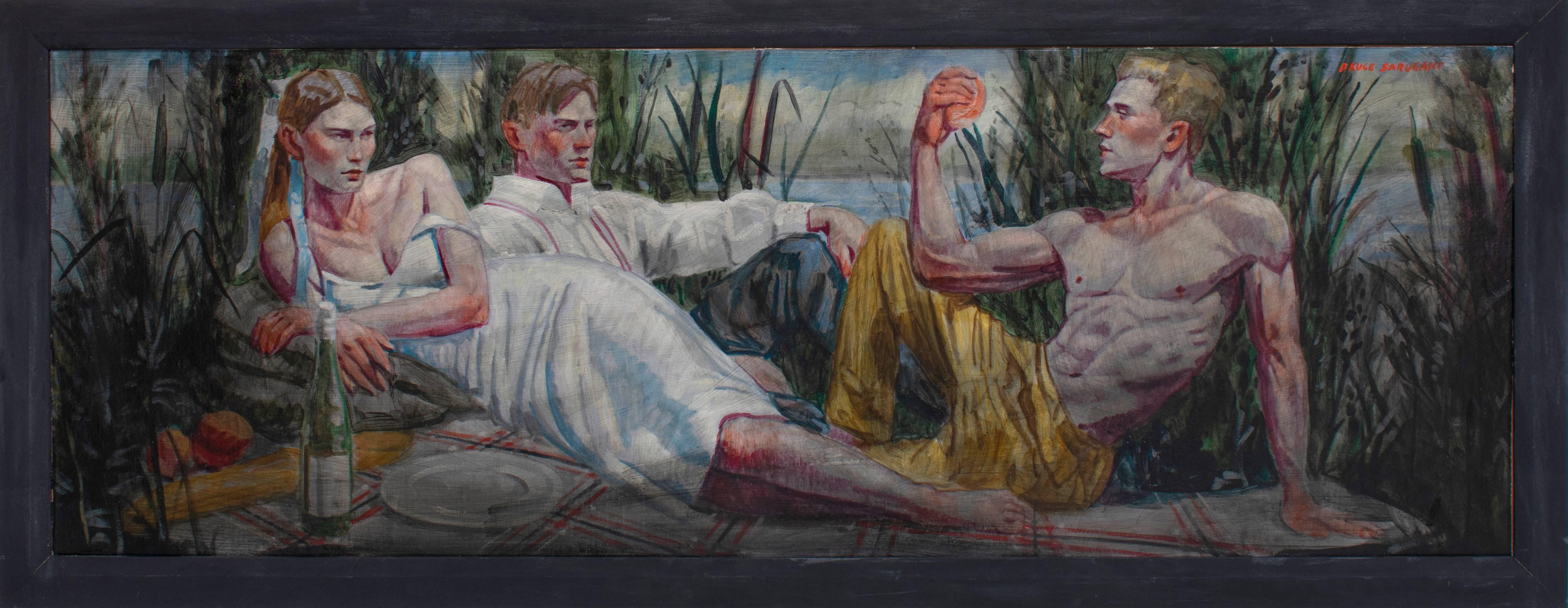 The Picnic (Large Figurative Painting on Canvas of Two Men and a Woman) 1