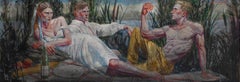 La pique-nique (Grande peinture figurative sur toile de deux hommes et une femme)