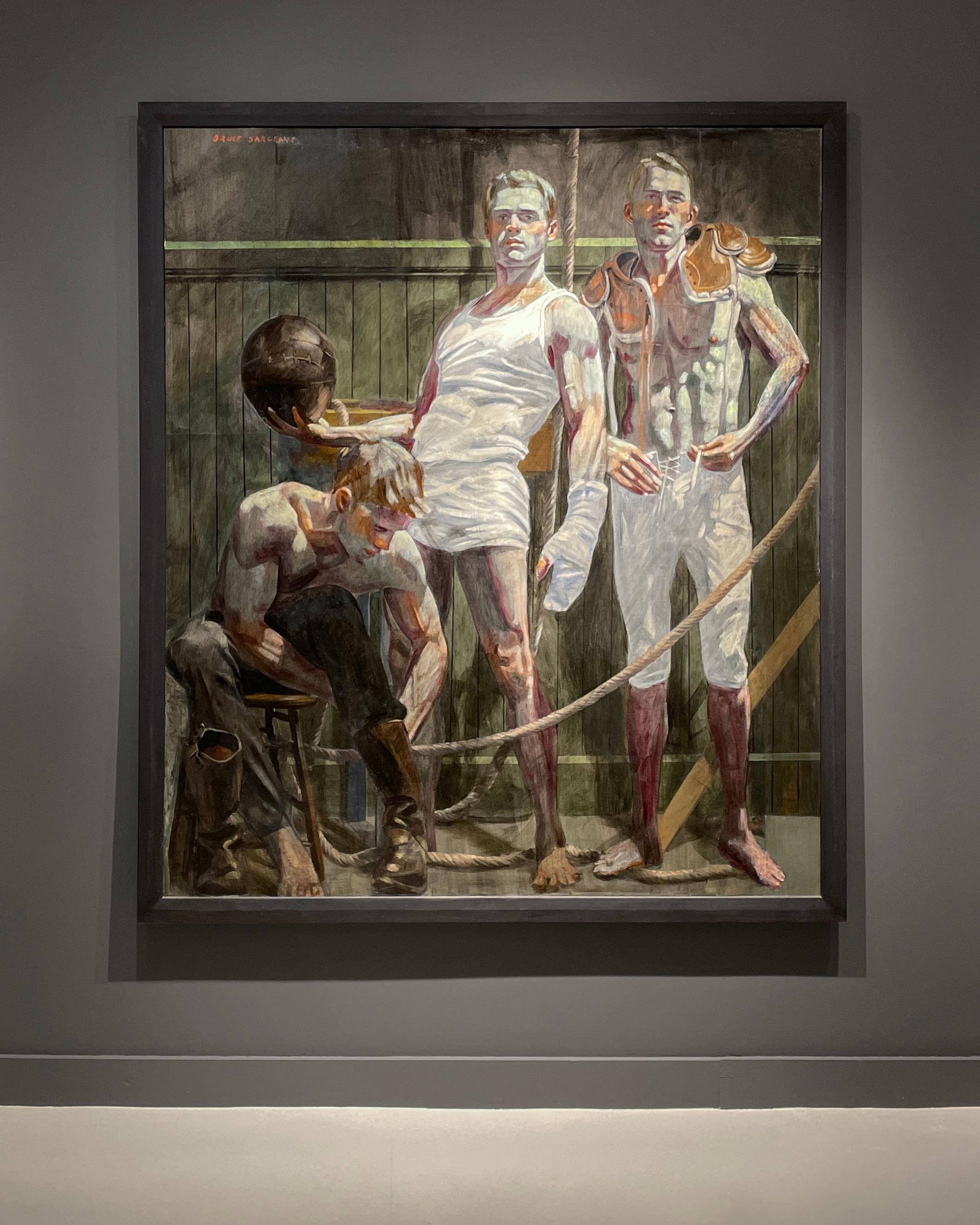 Tres figuras en los vestuarios (Pintura figurativa de deportistas masculinos) - Painting de Mark Beard