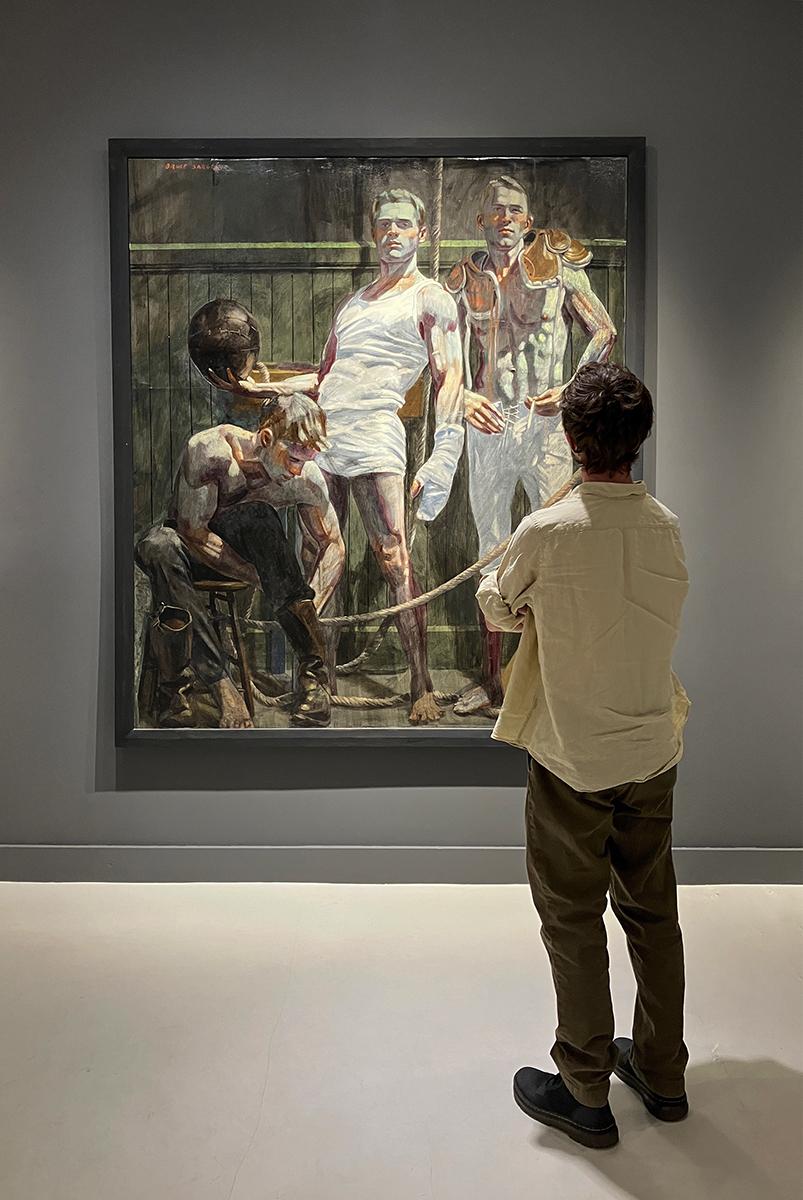 Tres figuras en los vestuarios (Pintura figurativa de deportistas masculinos) - Painting Académico de Mark Beard