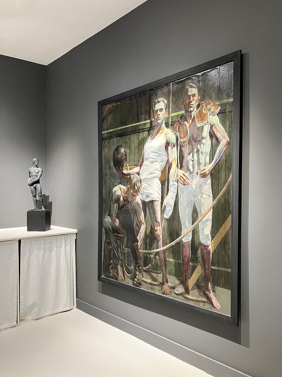Tres figuras en los vestuarios (Pintura figurativa de deportistas masculinos) - Portrait Painting Negro de Mark Beard