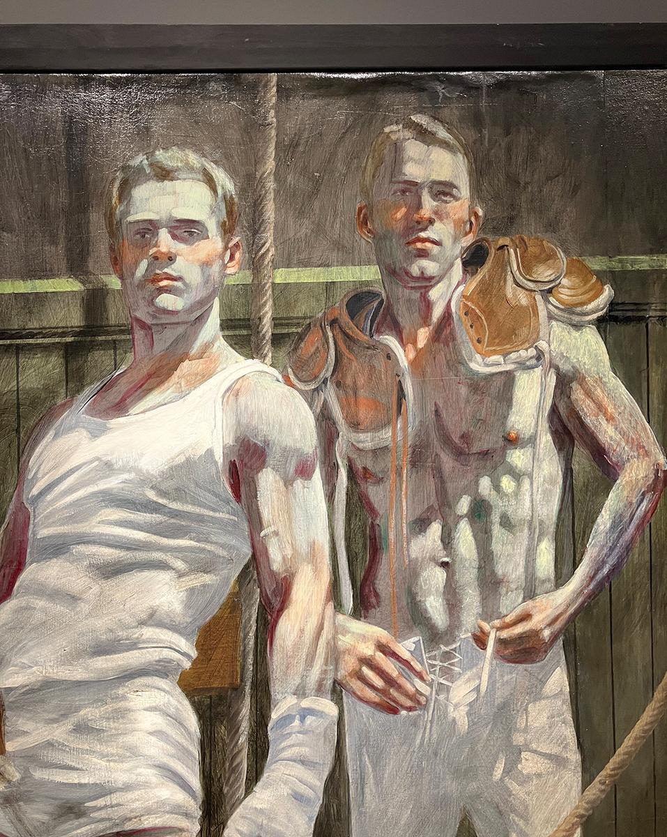 Pintura figurativa de estilo académico sobre lienzo de tres jóvenes atletas masculinos en un vestuario

