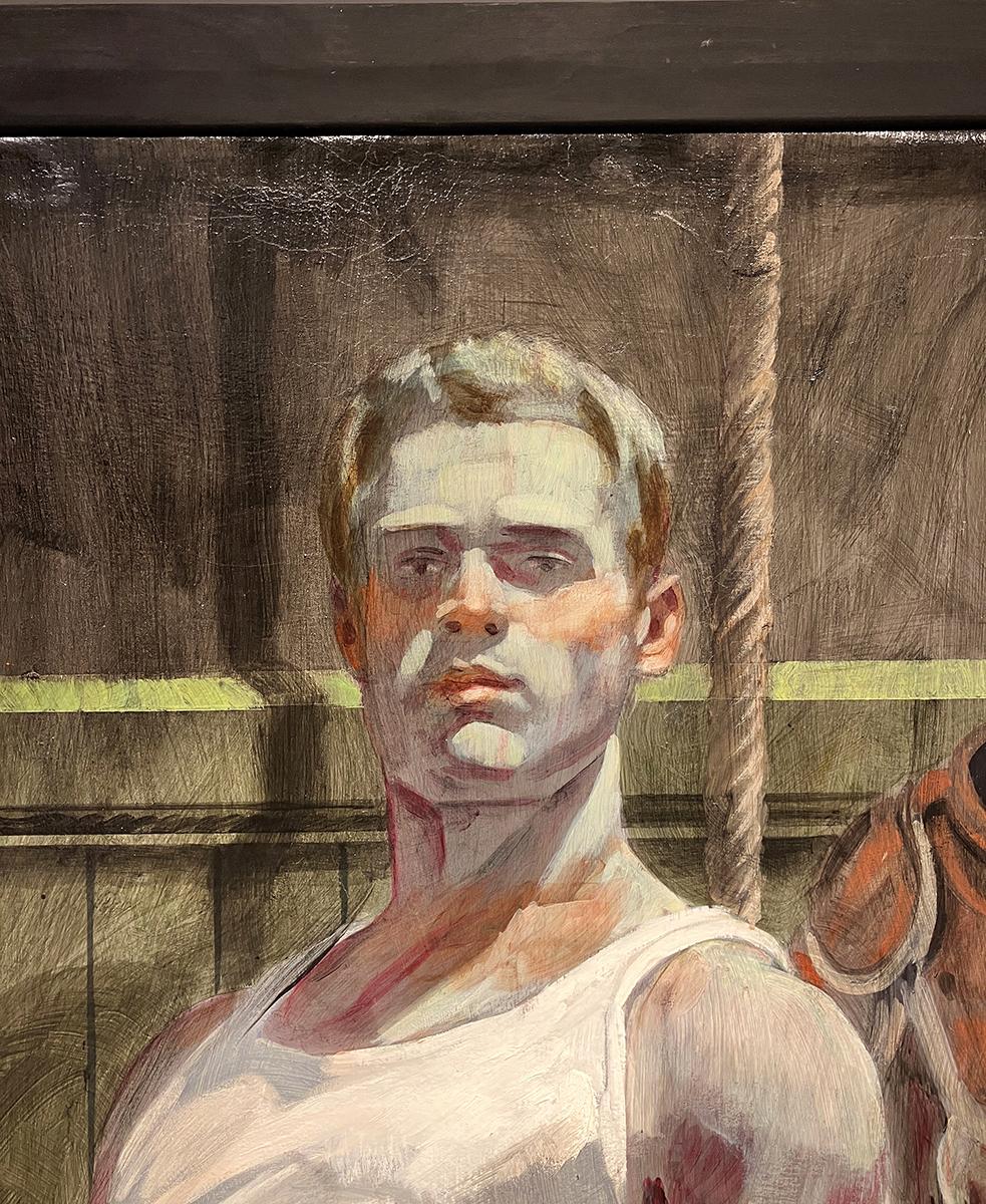 Tres figuras en los vestuarios (Pintura figurativa de deportistas masculinos) 1