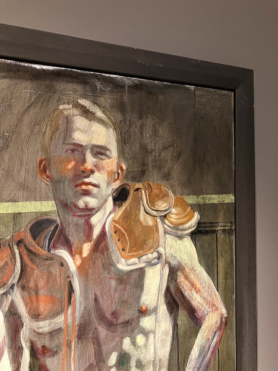 Tres figuras en los vestuarios (Pintura figurativa de deportistas masculinos) 2