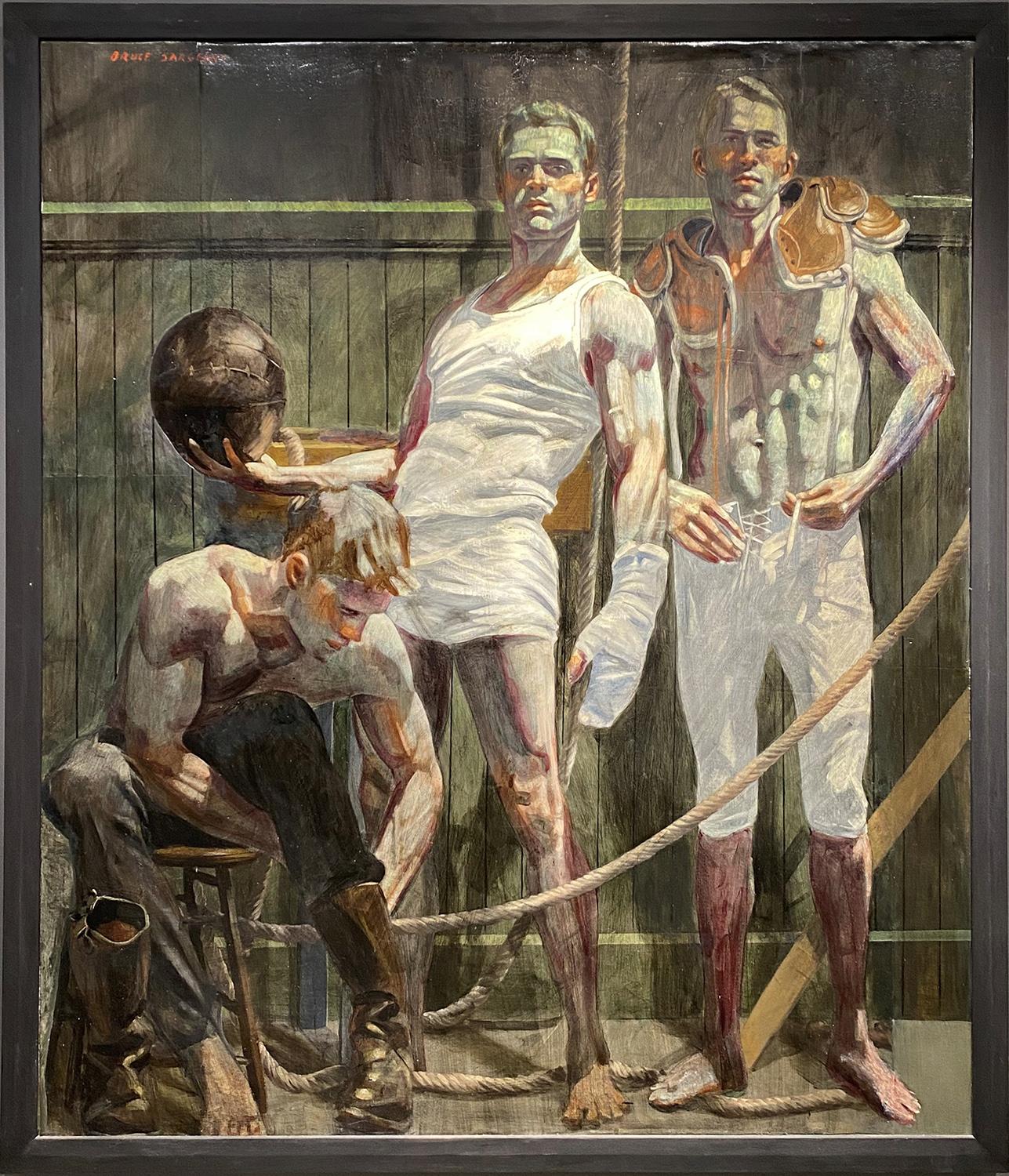 Portrait Painting de Mark Beard - Tres figuras en los vestuarios (Pintura figurativa de deportistas masculinos)