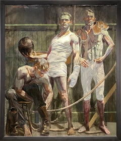 Three Figures in the Locker Room (Figurative Painting of Male Athletes)