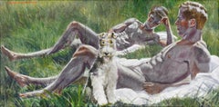 Two Boy with a Dog (Academic Style Figurative Painting of Reclining Nude Men)
