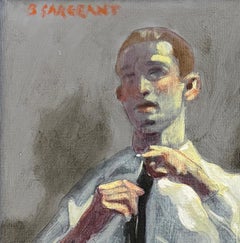 Deux hommes, ajustant sa cravate (peinture à l'huile figurative de Mark Beard, encadrée)