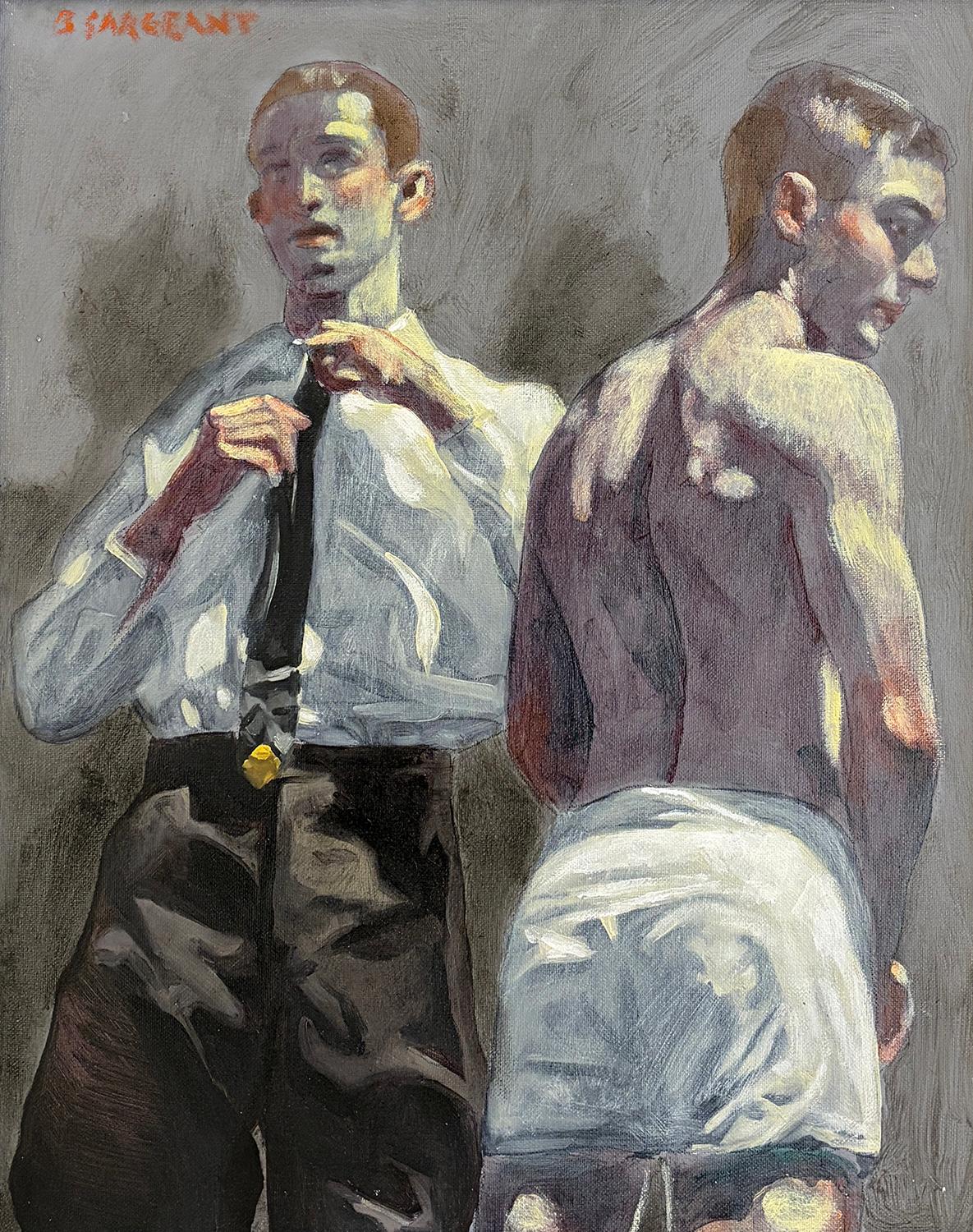 Two Men, Adjusting His Tie (Figurative Oil Painting by Mark Beard, Framed)