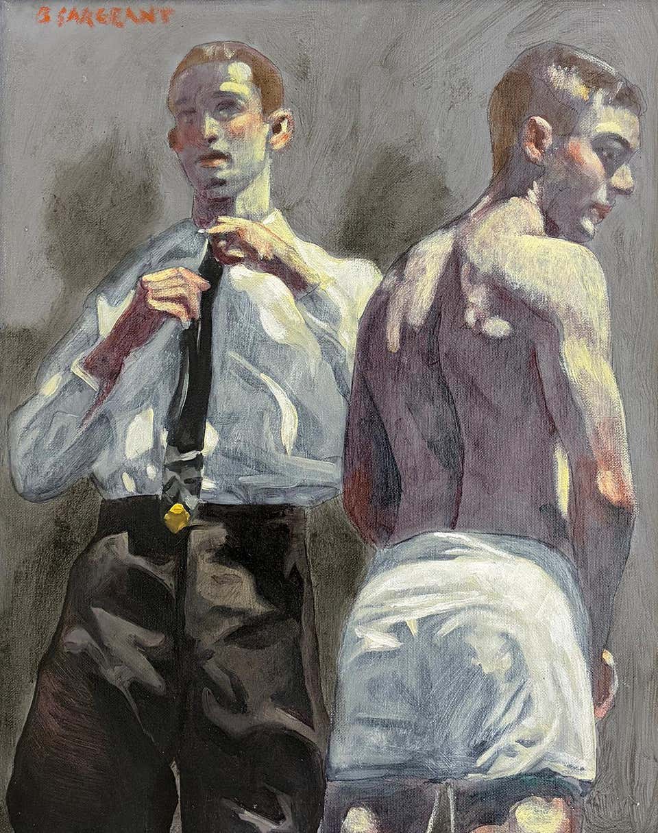 Two Men, Adjusting His Tie (Figurative Oil Painting by Mark Beard, Framed)