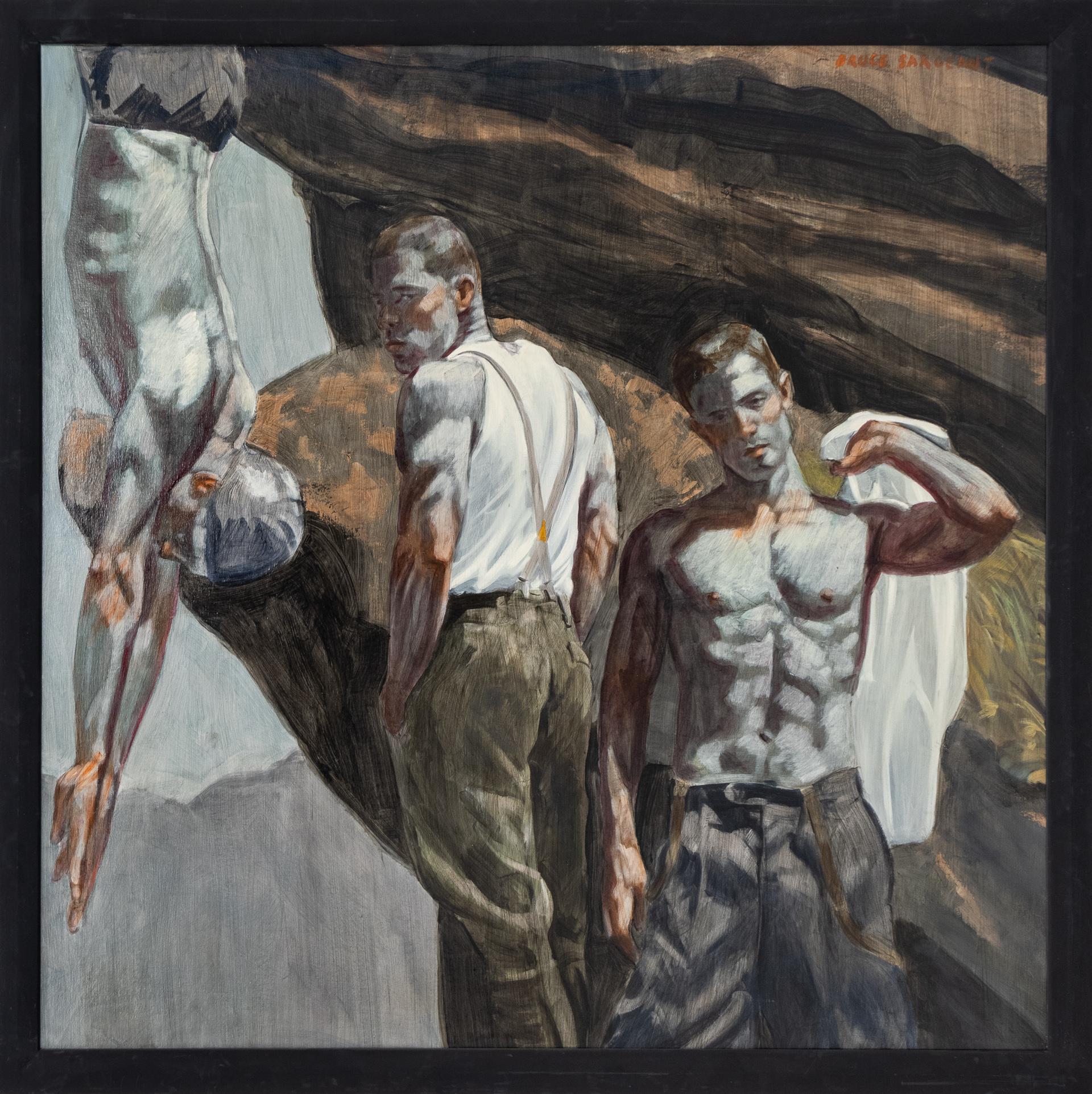 Mark Beard Figurative Painting – Zwei Männer mit einem Taucher