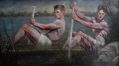Two Rowers (Nautical Figurative Painting on Canvas of Athletes, Framed)