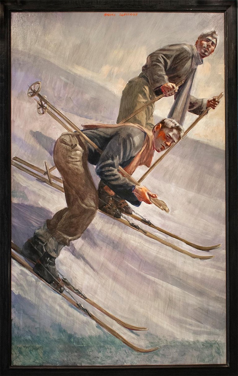 Academic style figurative oil painting on canvas of two men skiing down a snowy alpine landscape 
"Two Skiers," Painted by Mark Beard as Bruce Sargeant (pseudonym in homage to the fashion photographer, Bruce Weber, and figurative painter, John