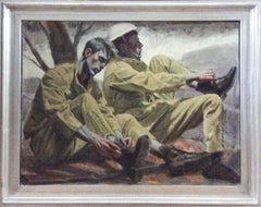 Deux soldats : peinture à l'huile figurative encadrée de deux jeunes soldats par Mark Beard