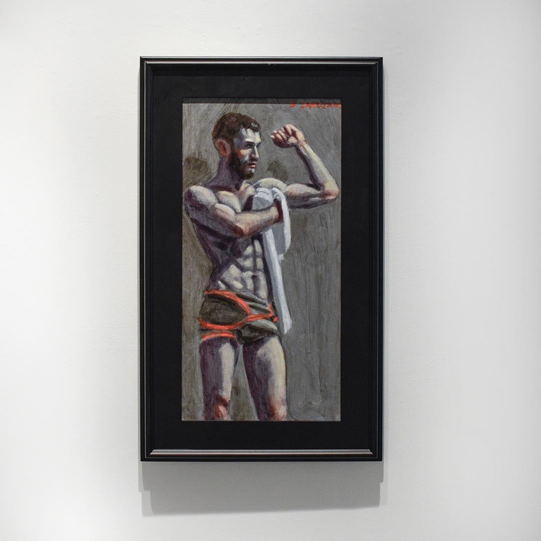 Academic style figurative oil painting on canvas of a young male wrestler in a grey and red singlet against a slate grey background
Painted by Mark Beard as Bruce Sargeant (pseudonym in homage to the fashion photographer, Bruce Weber, and figurative