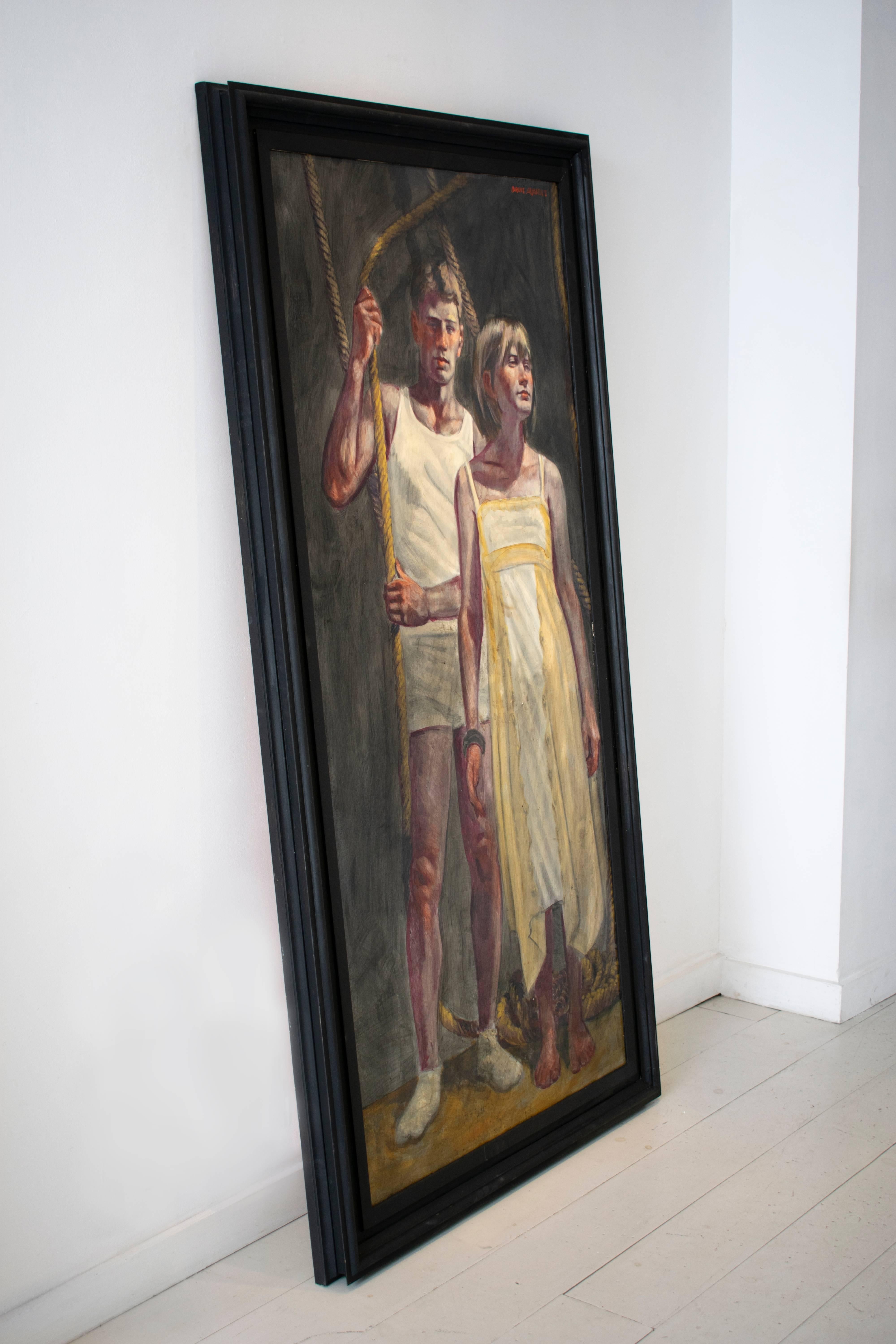 Academic style verticle figurative painting of an athletic male model and a girl in a yellow dress.
oil on canvas
55 X 19 1/2