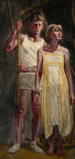 Yellow Dress (Large Figurative Painting on Canvas of an Athlete and a Girl)